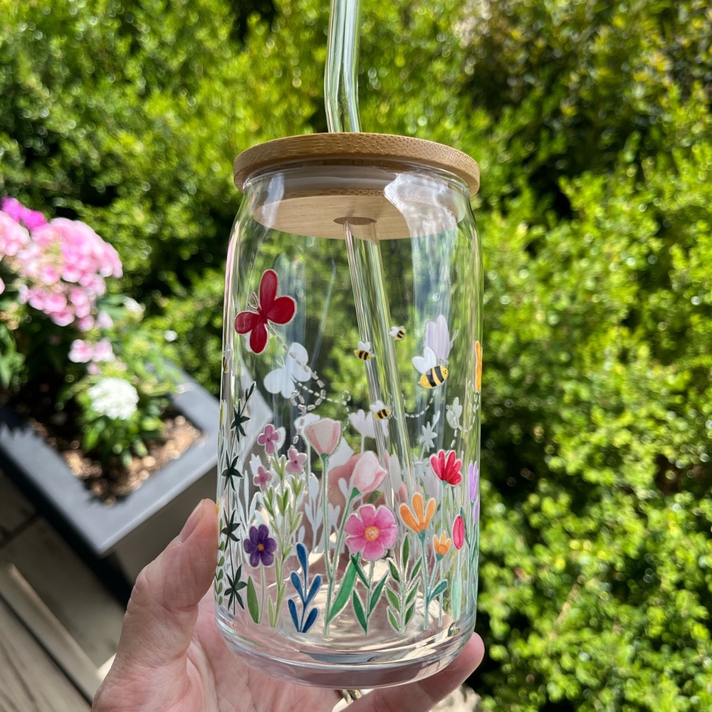 Colorful Floral Glass Tumbler with Bamboo Lid